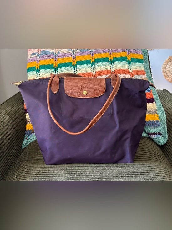 Longchamp Handbags - Longchamp Nylon Tote Bag in Deep Purple with Brown Trim